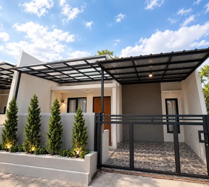 Fasad rumah dengan canopy dan pagar